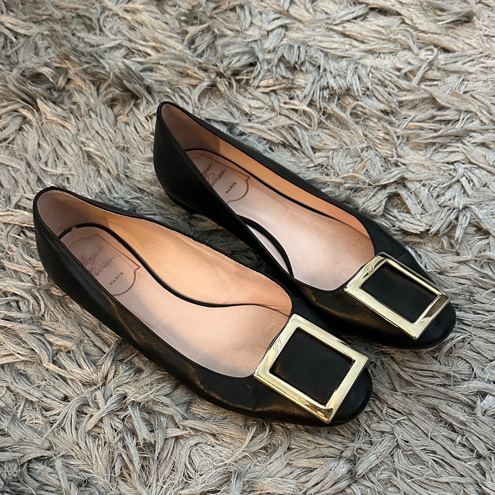 Roger Vivier Black Flats with Gold Buckle